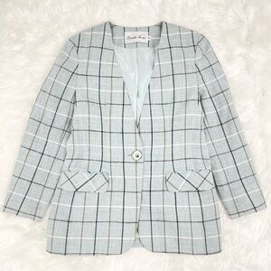 Vintage Baby Blue Plaid Blazer with Front Pockets